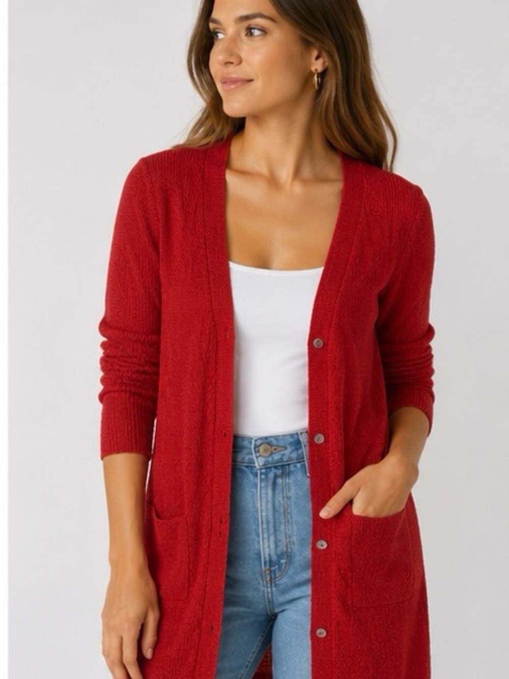 Mango MNG Red Longline Cardigan Button Front Knit Sweater Size Small